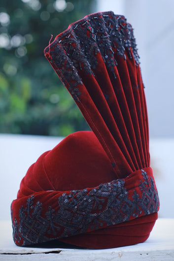 Red Velvet Kulla with Cultural Embroidery